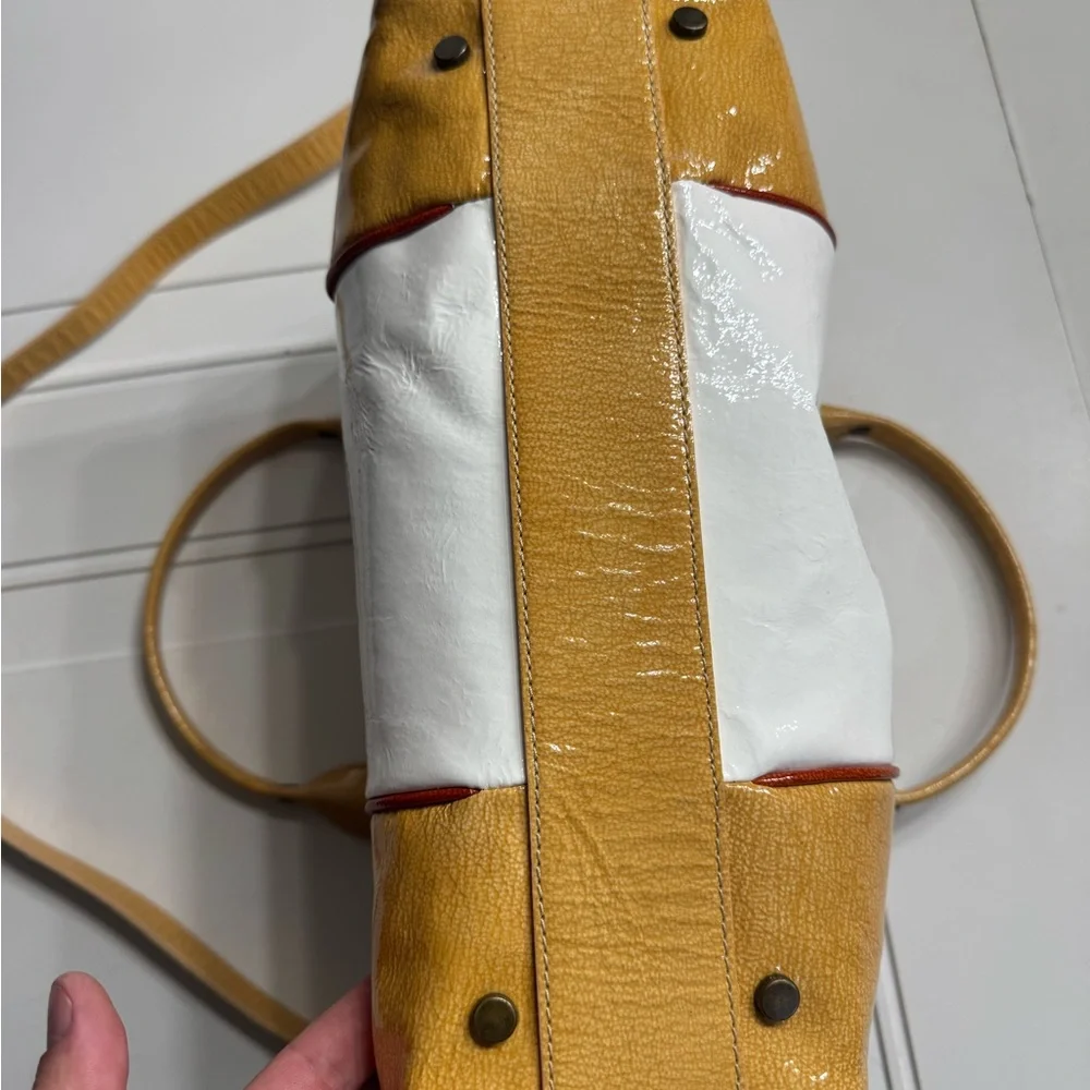 Donald J. Pliner White Yellow Patent Leather Satchel Shoulder Bag *Callouts - Picture 7 of 8